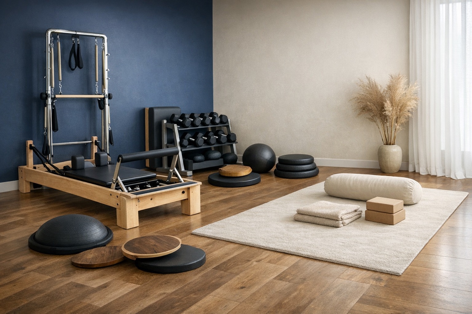 Jasny narożnik treningowy z akcesoriami do równowagi, siły i spokojnej pracy ruchowej.
